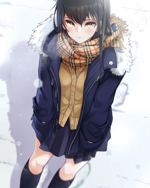 Anime picture 1282x1600 with original giba (out-low) single long hair tall image looking at viewer blush fringe black hair hair between eyes brown eyes from above open jacket fur trim snowing winter snow exhalation hands in pockets footprints