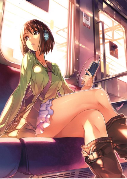 Anime picture 1900x2671 with original ipod vania600 single tall image fringe highres short hair breasts open mouth brown hair sitting holding brown eyes looking away sunlight shiny skin crossed legs girl skirt