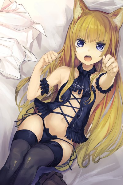 Anime picture 690x1035 with original minutachi single long hair tall image looking at viewer open mouth blue eyes light erotic blonde hair bare shoulders animal ears lying very long hair cat ears teeth cat girl on back angry girl