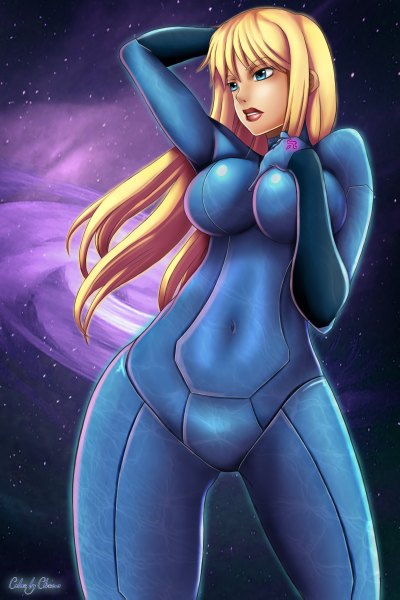 Anime picture 1600x2397 with metroid samus aran lchrno single long hair tall image breasts blue eyes light erotic blonde hair large breasts looking away lips hand on chest arm behind head girl navel bodysuit zero suit