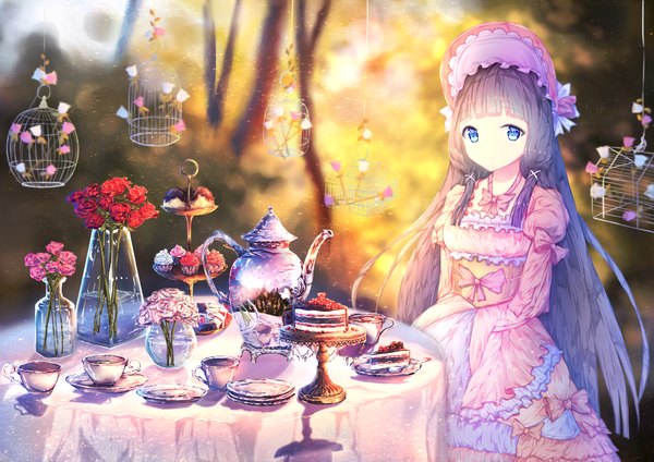 Anime picture 900x636 with princess connect! et feitaru single long hair looking at viewer blue eyes purple hair girl dress flower (flowers) bow sweets bonnet cup cake teapot cage