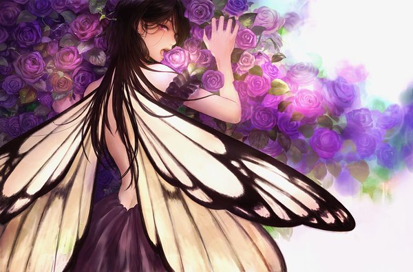 Anime picture 1800x1189 with original romiy single long hair looking at viewer fringe highres open mouth black hair standing purple eyes bare shoulders holding profile looking back mole teeth mole under eye back strap slip