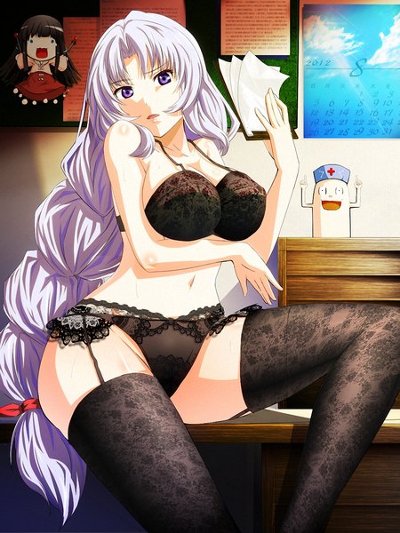 Anime picture 1000x1334 with touhou yagokoro eirin bug (artist) single long hair tall image looking at viewer breasts light erotic large breasts purple eyes white hair braid (braids) underwear only girl thighhighs underwear panties black thighhighs lingerie