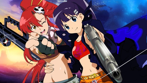 Anime picture 3730x2098 with tengen toppa gurren lagann gainax yoko littner kiyal long hair highres breasts open mouth blue eyes smile wide image multiple girls brown eyes blue hair absurdres ponytail red hair girl navel weapon