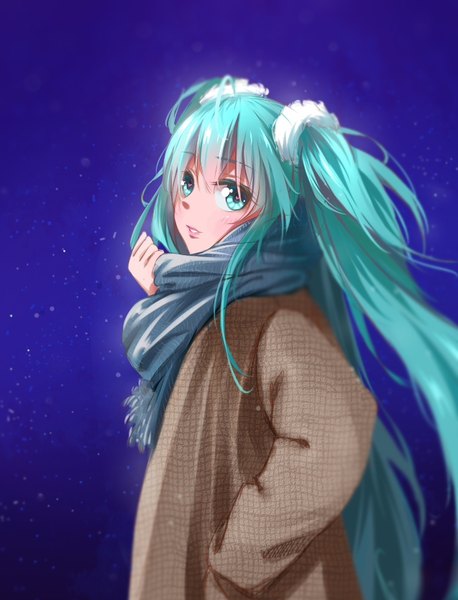 Anime picture 637x835 with vocaloid hatsune miku qingchen single long hair tall image looking at viewer blush fringe smile hair between eyes twintails payot parted lips arm up aqua eyes blurry aqua hair teeth hand in pocket