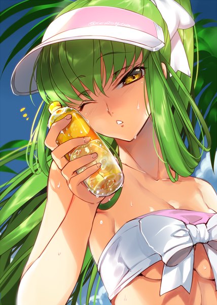 Anime picture 600x840 with code geass sunrise (studio) c.c. creayus single long hair tall image blush fringe breasts light erotic hair between eyes holding signed yellow eyes looking away sky cloud (clouds) upper body outdoors
