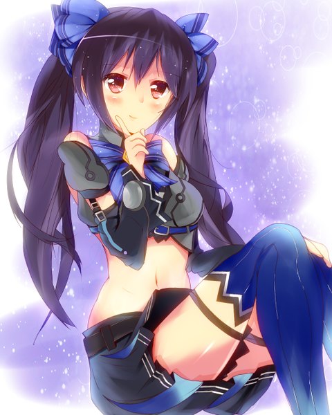 Anime picture 1024x1280 with choujigen game neptune hyperdimension neptunia mk2 noire mizuyoukan (mikususannda) single tall image looking at viewer blush black hair simple background smile red eyes sitting twintails bare shoulders finger to mouth girl navel