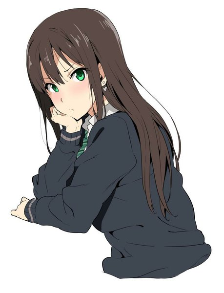 Anime picture 766x1000 with idolmaster idolmaster cinderella girls shibuya rin takeda hiromitsu single long hair tall image looking at viewer blush fringe simple background brown hair white background green eyes looking back hand on face head rest girl uniform school uniform