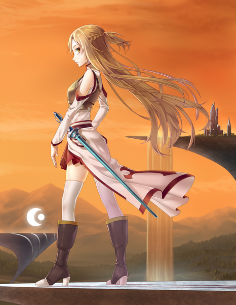 Anime picture 2609x3359 with sword art online a-1 pictures yuuki asuna vali (valiryn) single long hair tall image highres brown hair yellow eyes sky braid (braids) profile high heels mountain girl thighhighs dress weapon white thighhighs