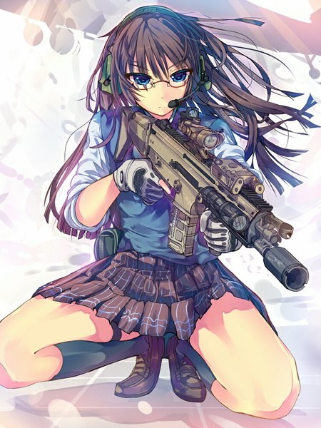 Anime picture 750x1000 with original daito (daito369) single long hair tall image looking at viewer blue eyes black hair sitting spread legs trigger discipline girl skirt gloves weapon socks glasses shoes headphones fingerless gloves