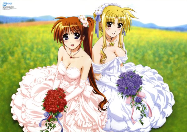 Anime picture 8596x6081 with mahou shoujo lyrical nanoha mahou shoujo lyrical nanoha strikers megami magazine fate testarossa takamachi nanoha tagme (artist) long hair highres blue eyes blonde hair red eyes brown hair multiple girls absurdres cleavage hair flower orange hair official art side ponytail field