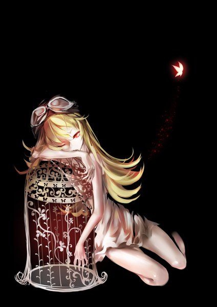 Anime picture 2480x3507 with bakemonogatari shaft (studio) monogatari (series) oshino shinobu sunday haruko single long hair tall image looking at viewer fringe highres simple background blonde hair red eyes legs glowing black background glowing eye (eyes) flying goggles on head