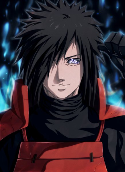 Anime picture 1455x2000 with naruto studio pierrot naruto (series) uchiha madara vitaliklol single long hair tall image fringe black hair smile light smile lips hair over one eye coloring rinnegan aura boy gloves armor