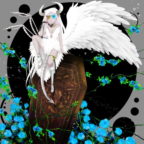 Anime picture 1925x1929 with original 515m (artist) single highres sitting yellow eyes white hair tail horn (horns) demon girl girl flower (flowers) wings rose (roses) chain eyepatch blue rose coffin