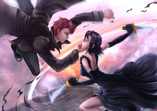Anime picture 2000x1414 with baccano! chane laforet claire stanfield minusion highres short hair purple hair red hair profile couple girl dress boy gloves weapon elbow gloves black dress coat knife