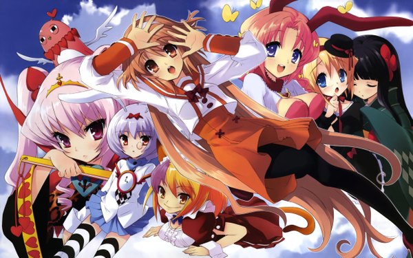 Anime picture 4960x3100 with alice parade kimagure neko miori (alice parade) silk (alice parade) odoodo funny lavinia (alice parade) luna (alice parade) yaname (alice parade) emudori itou noiji long hair looking at viewer blush fringe highres breasts open mouth blue eyes black hair blonde hair