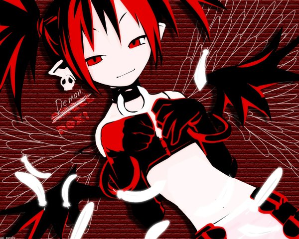Anime picture 1280x1024 with disgaea etna (disgaea) smile red eyes red hair pointy ears bare belly demon girl girl gloves navel earrings wings elbow gloves collar skull