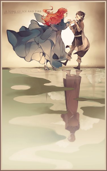 Anime picture 1300x2067 with a song of ice and fire petyr baelish catelyn tully wavesheep long hair tall image short hair black hair smile red hair holding hands reflection face to face different reflection girl dress boy water shoes cape