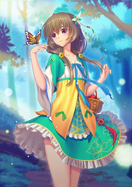 Anime picture 744x1052 with original guang yiren single long hair tall image brown hair purple eyes looking away butterfly on hand girl dress hair ornament plant (plants) tree (trees) insect butterfly fruit apple basket