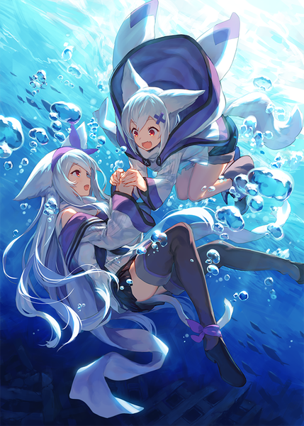 Anime picture 715x1000 with original ac (eshi) long hair tall image fringe open mouth hair between eyes red eyes multiple girls animal ears white hair holding hands underwater girl dress 2 girls boots thigh boots bubble (bubbles)