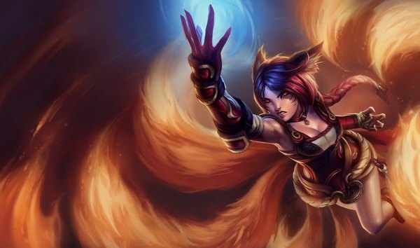 Anime picture 1920x1133 with league of legends ahri (league of legends) single long hair highres breasts wide image animal ears braid (braids) single braid facial mark fox tail multiple tails whisker markings girl gloves fire