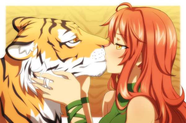Anime picture 1600x1064 with original vioka long hair blush bare shoulders yellow eyes red hair profile kiss girl animal tiger