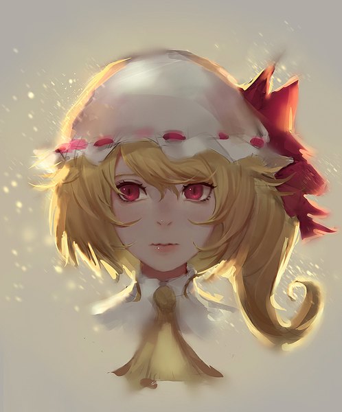 Anime picture 816x982 with touhou flandre scarlet jolry152b single tall image short hair blonde hair red eyes looking away lips one side up gradient background girl bow ribbon (ribbons) hat