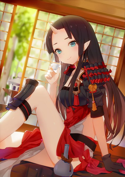 Anime picture 900x1273 with original ronopu single long hair tall image looking at viewer fringe breasts black hair sitting bent knee (knees) indoors traditional clothes head tilt japanese clothes horn (horns) aqua eyes pointy ears arm support oni horns