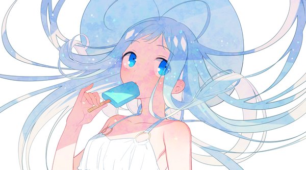 Anime picture 1260x700 with original donacoo single long hair blue eyes simple background wide image white background bare shoulders looking away aqua hair girl dress hat food sweets sundress ice cream