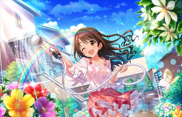 Anime picture 1280x824 with idolmaster idolmaster cinderella girls shimamura uzuki single long hair blush open mouth brown hair brown eyes sky cloud (clouds) one eye closed peaceful days girl dress flower (flowers) water rainbow hose