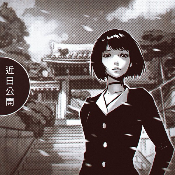 Anime picture 900x900 with original ilya kuvshinov single looking at viewer fringe short hair standing sky cloud (clouds) outdoors wind lips inscription hieroglyph monochrome girl plant (plants) petals tree (trees) stairs