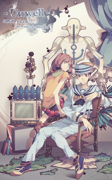 Anime picture 944x1516 with jojo no kimyou na bouken jojolion hirose yasuho higashikata jousuke (jojolion) soft & wet wenny02 long hair tall image looking at viewer short hair brown hair sitting brown eyes green eyes signed looking back girl boy hair ornament flower (flowers)