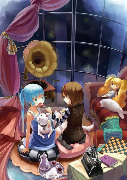 Anime picture 1200x1695 with original necolab (artist) long hair tall image open mouth blue eyes brown hair sitting twintails multiple girls blue hair no shoes eating girl thighhighs dress 2 girls white thighhighs window sweets