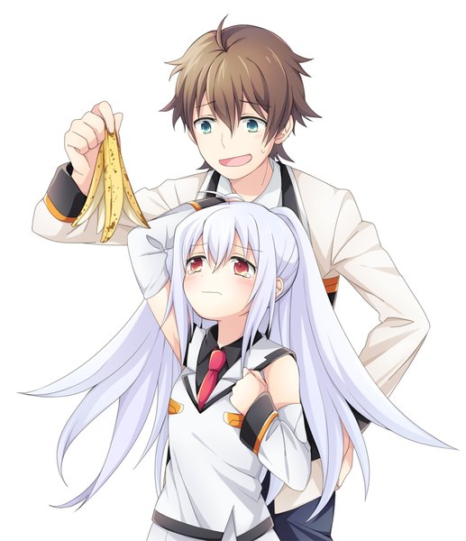 Anime picture 861x999 with plastic memories isla (plastic memories) mizugaki tsukasa soranagi long hair tall image blush fringe short hair open mouth simple background hair between eyes brown hair white background twintails bare shoulders holding payot looking away ahoge
