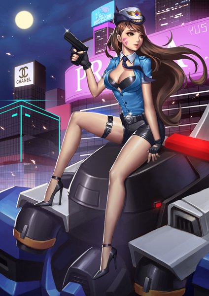 Anime picture 2480x3508 with overwatch blizzard entertainment d.va (overwatch) meka (overwatch) officer d.va yus single long hair tall image fringe highres breasts light erotic brown hair sitting holding brown eyes looking away sky cleavage