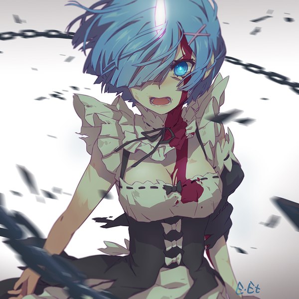 Anime picture 1000x1000 with re:zero kara hajimeru isekai seikatsu white fox rem (re:zero) shanpao single fringe short hair open mouth blue eyes simple background signed blue hair cleavage horn (horns) hair over one eye maid blood on face bloody clothes spoilers bleeding