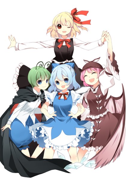 Anime picture 1000x1414 with touhou cirno rumia mystia lorelei wriggle nightbug roh nam kyung tall image looking at viewer short hair open mouth blue eyes simple background blonde hair smile red eyes white background multiple girls blue hair pink hair eyes closed