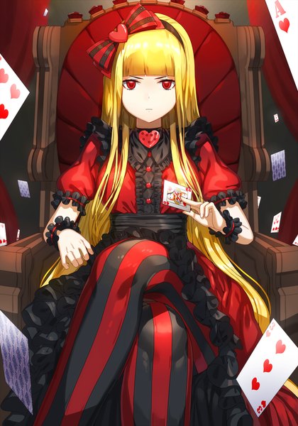 Anime picture 823x1175 with original kfr single long hair tall image looking at viewer blonde hair red eyes sitting very long hair crossed legs girl dress bow hair bow pantyhose card (cards) striped pantyhose