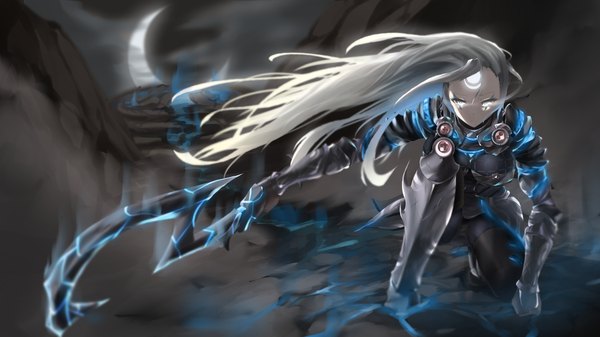 Anime picture 1920x1080 with league of legends diana (league of legends) bbayu single long hair looking at viewer highres wide image silver hair facial mark silver eyes girl gloves weapon armor
