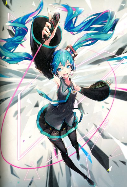 Anime picture 4127x6047 with vocaloid hatsune miku yucca-612 (neco) single tall image looking at viewer fringe highres open mouth smile hair between eyes twintails bare shoulders absurdres full body very long hair nail polish pleated skirt arm up aqua eyes