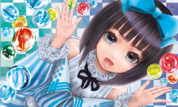 Anime picture 1254x758 with original mamoru (mamoru jinja) single looking at viewer short hair open mouth blue eyes black hair wide image checkered background girl dress bow hair bow