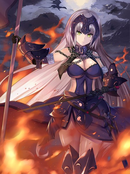 Anime picture 1200x1600 with fate (series) fate/grand order jeanne d'arc (fate) (all) jeanne d'arc alter (fate) jeanne d'arc alter (avenger) (third ascension) (fate) asato (fadeless) single tall image looking at viewer fringe breasts light erotic large breasts holding green eyes cleavage silver hair very long hair night night sky