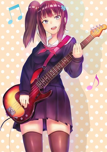 Anime picture 827x1169 with original noririn single long hair tall image looking at viewer purple eyes purple hair ponytail side ponytail girl thighhighs uniform black thighhighs school uniform guitar musical note electric guitar