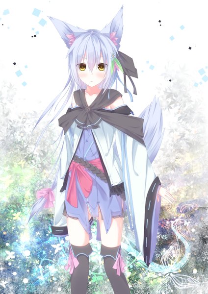 Anime picture 1158x1637 with original nagishiro mito single long hair tall image looking at viewer blush animal ears yellow eyes silver hair tail animal tail girl thighhighs dress ribbon (ribbons) black thighhighs hair ribbon