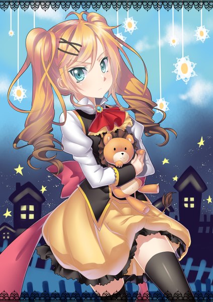 Anime picture 1010x1429 with original touwa nikuman single long hair tall image looking at viewer blue eyes blonde hair twintails girl thighhighs dress black thighhighs star (symbol) toy stuffed animal