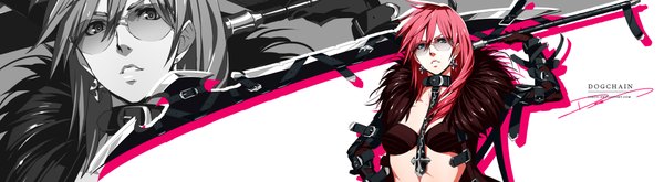 Anime picture 2000x550 with final fantasy xiii lightning farron jakuu single long hair looking at viewer open mouth blue eyes wide image signed pink hair zoom layer girl weapon earrings sword glasses chain collar cross