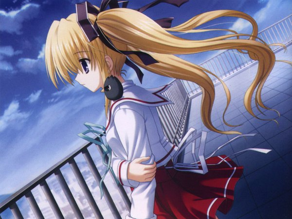 Anime picture 1000x750 with gift eternal rainbow tender breeze fujimiya chisa mitha long hair blue eyes blonde hair twintails looking away sky cloud (clouds) profile wind scan dutch angle animal on shoulder bird on shoulder girl skirt uniform