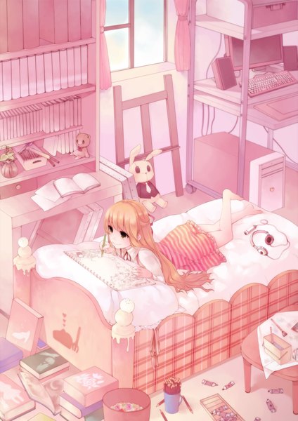 Anime picture 1447x2046 with original oekaki musume (qpixiv) single long hair tall image highres blonde hair smile yellow eyes loli girl food sweets headphones book (books) bed cup ice cream bunny room