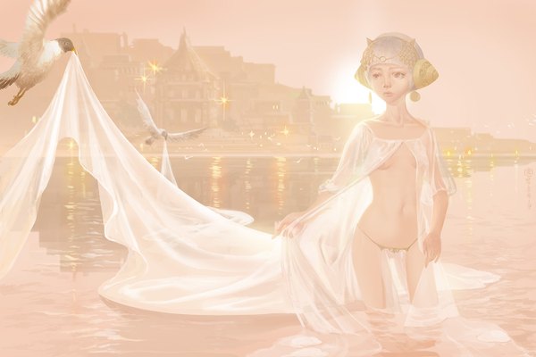 Anime picture 1500x1000 with original mugon short hair light erotic red eyes standing looking away sky white hair sunlight bare belly bare legs hair bun (hair buns) city reflection cityscape flying sunbeam city lights girl