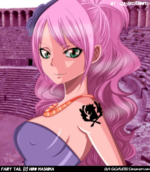 Anime picture 1000x1149 with fairy tail jenny realight seireiart single long hair tall image smile bare shoulders green eyes pink hair tattoo coloring portrait girl dress